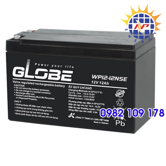 Ắc quy kín khí (vrla agm) Globe 12V-12Ah, WP12-12NSE F6 (CỰC VÍT)