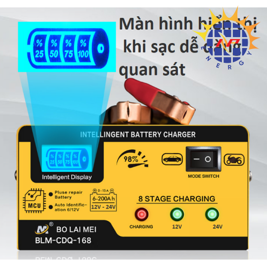 Bộ sạc bình ắc quy thông minh 12V-24V 200Ah, tự động ngắt khi đầy hãng Bolaimei BLM-168