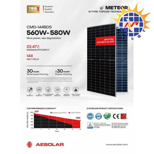 Tấm pin năng lượng mặt trời AE Solar 580W 2 mặt kính