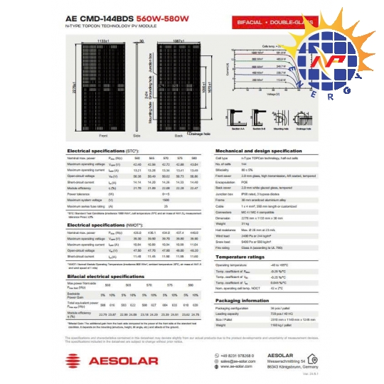 Tấm pin năng lượng mặt trời AE Solar 580W 2 mặt kính