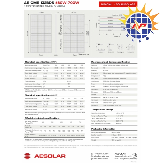 Tấm pin năng lượng mặt trời AE Solar 700W, hai mặt kính, hiệu suất vượt trội