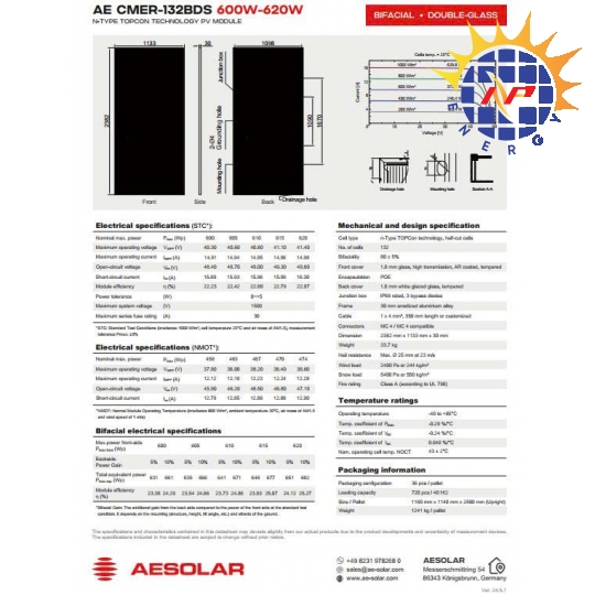 Tấm pin năng lượng mặt trời AE Solar 620W, hai mặt kính, hiệu suất cao