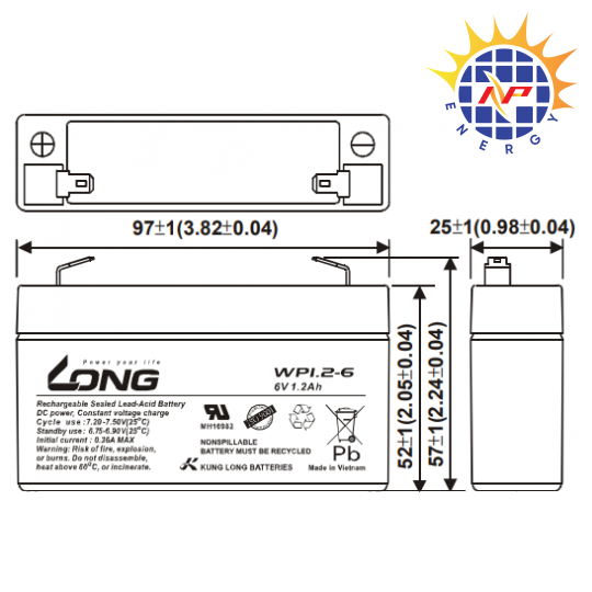 Ắc quy kín khí Long 6V-1.2Ah WP1.2-6, F1
