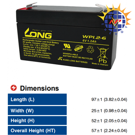 Ắc quy kín khí Long 6V-1.2Ah WP1.2-6, F1