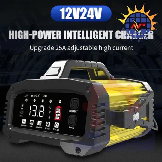 Sạc ắc quy E-FAST 25A-12V/24V, sạc được nhiều loại bình từ 6Ah -400Ah, có chức năng phục hồi bình ắc quy